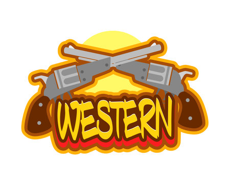Western pistol and Wild West Y2K groovy sticker. Western firearm groovy vector tag, Wild West cowboy guns label. American ranch and rodeo sticker with two crossed revolvers and typography textのイラスト素材