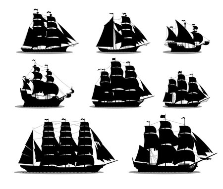 Pirate ships vector silhouettes of vintage sailboats and sailships with black sails, flags and masts. Medieval pirate corsair battle ships, marine robber old caravel, galleon, brigantine and barqueのイラスト素材