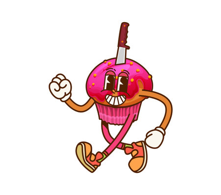 Cartoon groovy Halloween cupcake character with knife. Vector sweet muffin with pink glaze and sprinkles, pierced with sharp blade. Traditional festive bakery cute spooky retro funny dessert personageのイラスト素材