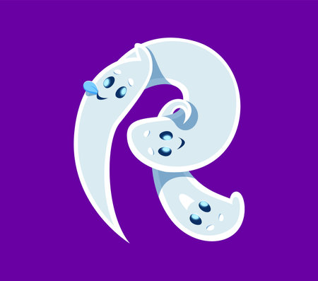 Halloween font R letter ghost cartoon funny character. Scary phantom mascot alphabet letter, Halloween monster character or creepy spirit personage font typeset vector element. English ABC symbolのイラスト素材