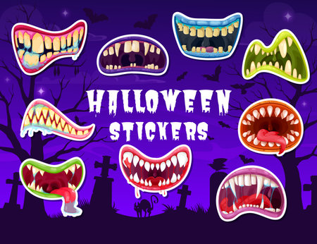 Halloween scary drool monster jaws stickers pack. Vector patches of cartoon monstrous mouths with exaggerated, sharp teeth, some dripping with saliva on spooky graveyard with bats, cat and gravestonesのイラスト素材