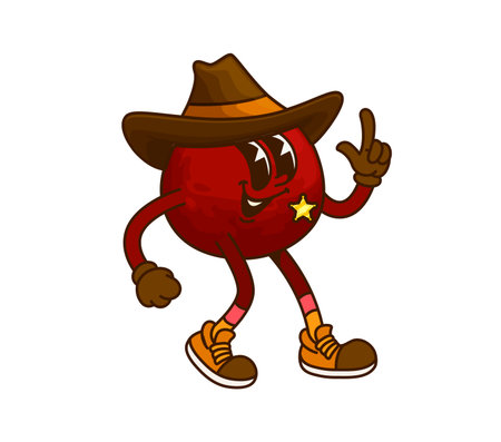 Cartoon groovy fruit sheriff or cowboy and Western bandit, vector character. Funny groovy fruit in cowboy hat with Wild West sheriff star badge, Western ranger and Texas wrangler character from saloonのイラスト素材
