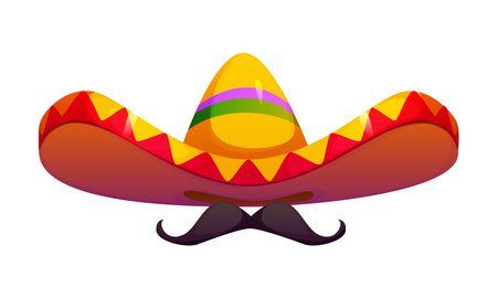 Mexican national holiday symbol of sombrero hat with mustaches, cartoon vector. Mexican mariachi musician sombrero hat with ethnic ornament for holiday fiesta or cuisine festival and Mexico carnivalのイラスト素材