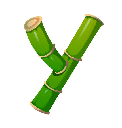 jungle bamboo branch font letter Y. Asian forest nature and eco ABC typeset element, Japan garden tree isolated cartoon vector typeface symbol. Tropical forest bamboo English alphabet type letterのイラスト素材