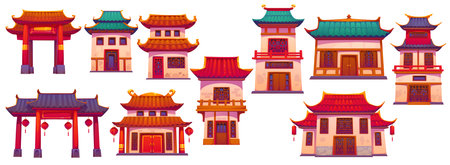 Chinese buildings, China town gates, houses and ancient temples, vector asian architecture. Cartoon pagoda buildings of chinese city or chinatown, shrine gate torii, ceramic tile roof and wood doorsのイラスト素材