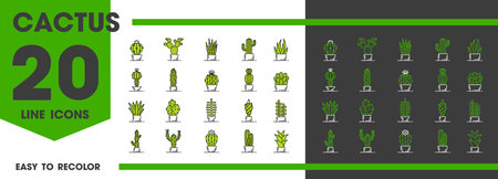 Cactus succulent line icons of cacti plants with flowers in flowerpots, vector set. Succulent cactus line icons of opuntia with aloe vera and prickly saguaro or agave plant for gardening or home decorのイラスト素材