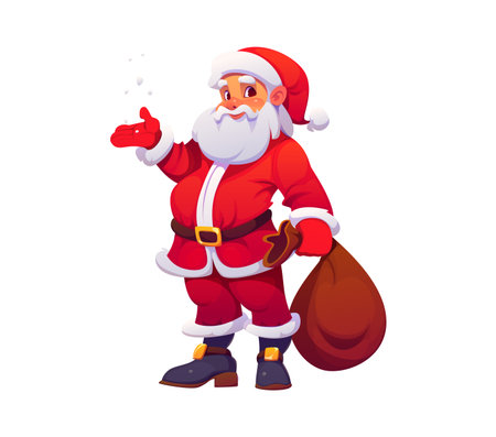 Cartoon Christmas Santa character with holiday gift bag. Vector joyful Santa Claus in a traditional red attire, holding brown sack, exudes festive cheer, ready for presents delivery and celebrationのイラスト素材