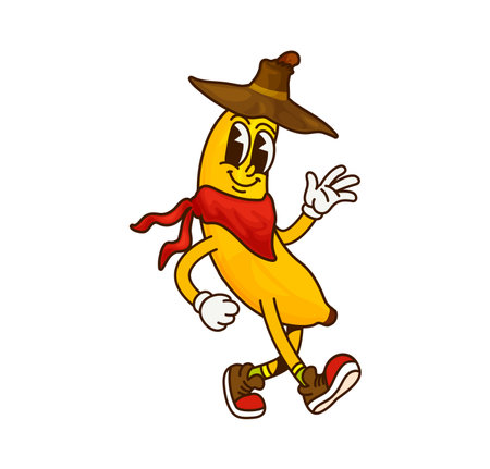 Cartoon groovy banana cowboy or fruit Western bandit, vector funny character. Groovy banana fruit in cowboy sombrero hat and Wild West ranger kerchief, Texas sheriff or funky bandit characterのイラスト素材