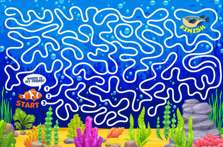 Labyrinth maze game worksheet, help to fish find her friend on the sea bottom. Pathfinder riddle, help find way game or labyrinth maze vector page with ocean or sea puffer and clown fishes charactersのイラスト素材