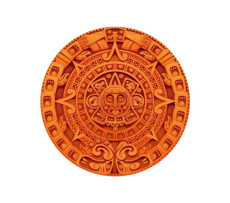 Aztec Inca Maya Mexican game icon asset. Vector circular astrological calendar, ancient round stone with hieroglyph symbols and face showing a tongue. Aztec culture, religion and tradition sculptureのイラスト素材