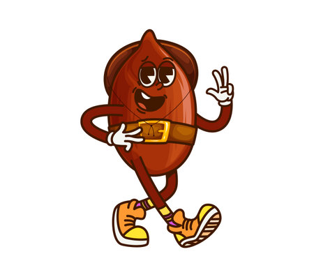 Cartoon groovy almond nut cowboy or bandit character from Wild West, vector personage. Funny groovy almond nut in Western cowboy or ranger sombrero hat, funky smile and hippie peace or cool gestureのイラスト素材