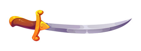 Cartoon pirate sword weapon, corsair saber with sharp sparkling blade. Isolated vector gleaming rover sabre, symbol of war, swashbuckling fights, danger, adventures and daring voyages on the high seasのイラスト素材