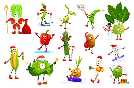 Cartoon Christmas holiday vegetable characters engaging in festive activities. Vector veggies enjoy skiing, sledding and gift giving, spreading holiday cheer and capturing the playful spirit of Xmasのイラスト素材