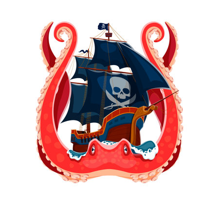 Cartoon pirate ship in octopus tentacles. Heraldic nautical vector emblem with corsair galleon boat with black sails encircled by giant red kraken tentacles, evokes mythical sea battle in fantasy loreのイラスト素材