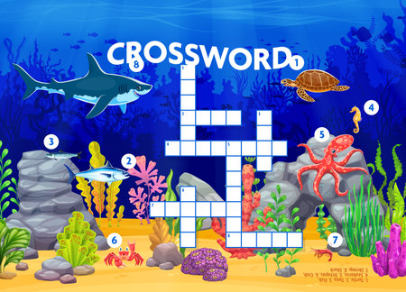 Crossword quiz game grid with sea animals and fishes in underwater, vector worksheet for kids. Underwater crossword quiz game to guess words in grid with funny ocean shark, octopus and crab or turtleのイラスト素材