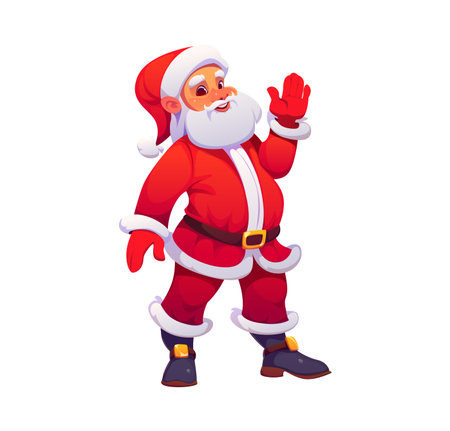 Cartoon Christmas Santa Claus character greeting with hand for winter holiday, vector personage. Happy funny Santa with smile and Hi Hello gesture for Merry Christmas or New Year holiday greeting cardのイラスト素材