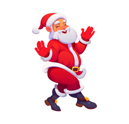 Cartoon Christmas Santa character dancing with big smile and open arms, captures the excitement of Xmas holiday. Vector joyful Santa Claus in a traditional red attire, exudes festive celebration cheerのイラスト素材