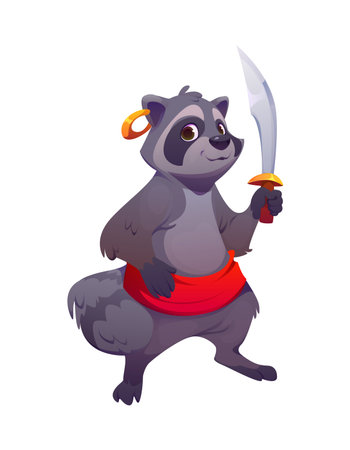 Cartoon raccoon animal pirate character. Isolated vector mischievous coon corsair personage with a cunning grin, stand with a gleaming saber, sash and earring, ready for adventurous woodland escapadesのイラスト素材