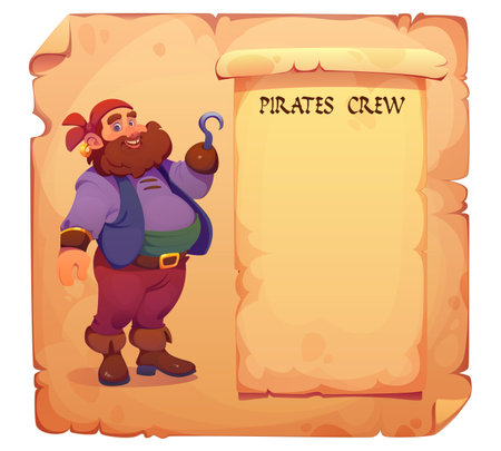 Pirate crew character, game options window. Cartoon vector corsair with beard and hand hook standing beside an old parchment scroll that forms a blank ui frame for adventure or treasure hunt videogameのイラスト素材