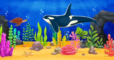 Underwater game background with killer whale, seaweeds and sea turtle. Computer or mobile game level design background or wallpaper with ocean underwater world landscape, animals characters and plantsのイラスト素材