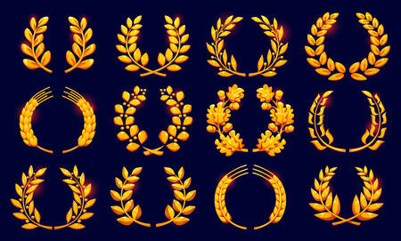 Golden laurel, wheat and oak wreath badges. Vector game assets set for winner award, prize, medal or trophy with cartoon golden laurel and oak branches wreaths, wheat spikelets, gold acorns and leavesのイラスト素材