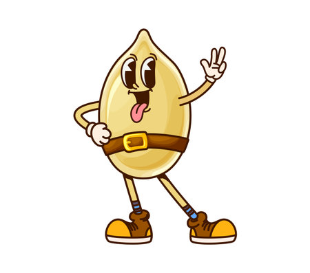 Cartoon groovy pumpkin seed cowboy or bandit character. Healthy food Wild West bandit or cowboy groovy vector cheerful personage. Pumpkin seed western ranger, Texas cowboy funny retro mascot characterのイラスト素材
