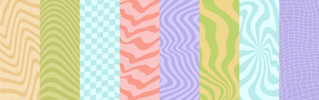 Groovy hippie psychedelic patterns. Retro funky vector backgrounds set with abstract geometric pattern of vintage pastel color waves and swirls, groovy checkered and grid optical illusion ornamentsのイラスト素材