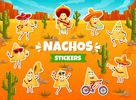 Cartoon nachos chips characters stickers pack. Mexico tortilla snack vector cute personage sticker. Mexican nacho chip character in sombrero hat, playing musical instruments, riding bike and joggingのイラスト素材
