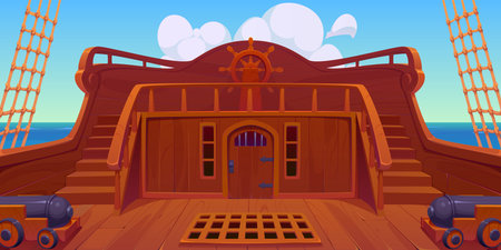 Pirate ship stern deck with steering wheel, shrouds and cannons. Cartoon vector game background of corsair sails board interior with rope ladders, wooden railings, and a ocean view under a cloudy skyのイラスト素材