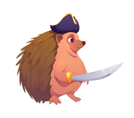 Cartoon hedgehog animal pirate character dressed as a corsair, wearing tricorn hat and holding a curved sword, standing upright with a friendly smile. Isolated vector adorable swashbuckling personageのイラスト素材