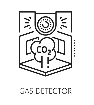 Gas detector home security electronics line icon or pictogram. House security electronics line vector symbol, gas alarm device sign. Home protection equipment pictogram with CO2 gas detector and roomのイラスト素材