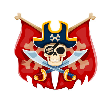 Cartoon pirate captain skull with crossed sabres and pennants. Cartoon vector heraldic emblem with grinning jolly Roger skull with an eye patch and crossed swords, evokes theme of high seas adventureのイラスト素材