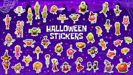 Stickers pack of Halloween holiday sweets, candies and desserts characters. Halloween creepy sweet fingers, marshmallow and cupcake, cookie, lollypop and apple candies vector personage vector stickersのイラスト素材