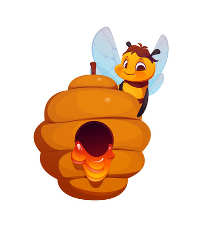 Cartoon honey bee character hovers beside a dripping honey filled beehive. Isolated vector cute and funny cheerful insect bug personage for children book, apiary production packaging or beekeepingのイラスト素材