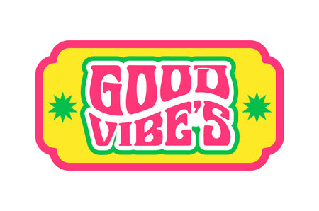 Good vibes Y2K groovy sticker or funky print. Hippie 60s Y2K vector tag, retro cute groovy patch. Vintage 80s funky label or funny positive cartoon sticker with positive quote colorful typographyのイラスト素材