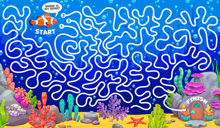 Labyrinth maze game to help to fish find her house in underwater landscape, cartoon vector. Labyrinth maze quiz game for kids to find way or road to home in ocean water seaweeds with start and finishのイラスト素材