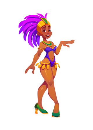 Brazilian carnival party dancer woman character in samba costume, cartoon vector. Brazil carnival or Carnaval do Brasil traditional festival and entertainment event character of woman in feather dressのイラスト素材