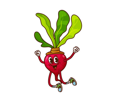 Cartoon groovy beet vegetable cowboy character. Farm natural veggie, healthy vegetarian food Western ranger funny groovy vector personage. Beet or red radish vegetable Wild West bandit cute characterのイラスト素材