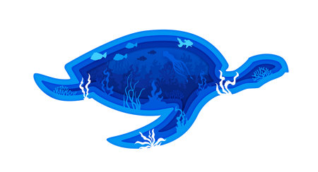 Paper cut turtle silhouette with underwater landscape, sea animals and fishes, vector banner. Ocean undersea or sea world with coral reef fishes and squid with seaweeds in paper cut turtle silhouetteのイラスト素材