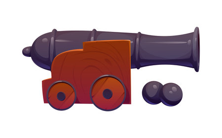 Cartoon pirate cannon weapon with a dark barrel mounted on a wooden wheeled base, accompanied by two black cannonballs. Vector iron artillery gun, old ship tool ready for attack and defense on boardのイラスト素材