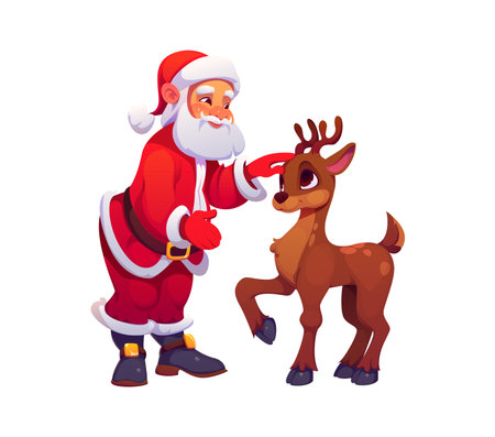 Cartoon Christmas Santa Claus character smiling while gently petting a friendly reindeer. Vector heartwarming festive scene filled with joy and Xmas holiday spirit, seasonal greetings and funのイラスト素材