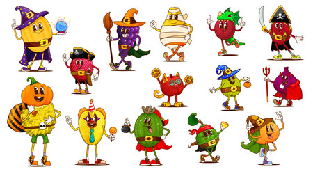Groovy Halloween fruit characters in whimsical costumes celebrating party. Vector melon, grapes, pear, dragon fruit and durian with pumpkin head. Lychee, feijoa, bergamot and carambola with orangeのイラスト素材