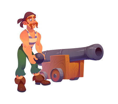 Pirate gunner ship crew character, cartoon cheerful corsair loading cannonball into large cannon on a wooden carriage. Isolated vector muscular man with mustache, swashbuckling sailor ready for battleのイラスト素材