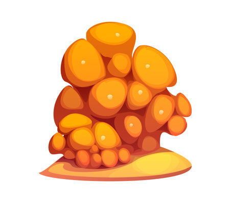 Cartoon underwater seaweed algae and coral reef. isolated vector vibrant orange yellow structure with rounded, smooth tops. Marine environment formation, cluster of tube sponges sits on a sandy baseのイラスト素材