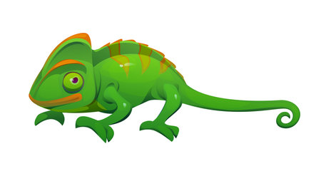 Cartoon Mexican chameleon character, isolated vector lizard with green skin and stripes, long curvy tail and telescopic eyes. Wild animal, pet reptile, exotic tropical creature, wildlife predatorのイラスト素材