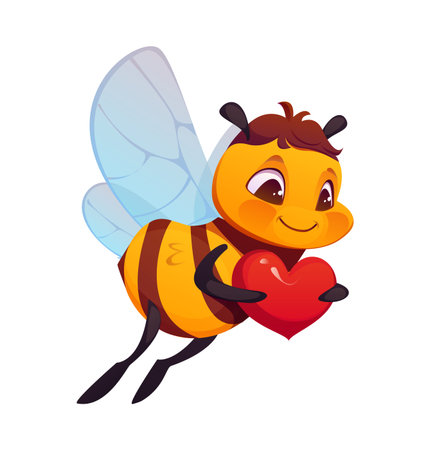 Cartoon honey bee character holding heart. Cute cheerful flying vector apiary mascot with smiling face and blue wings. Happy bumblebee with gift. Personage for beekeeping, love, care and sweet insectのイラスト素材