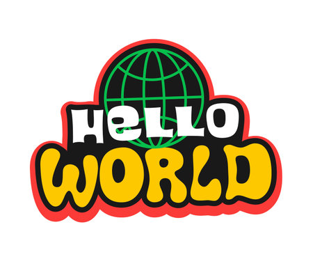 Hello world Y2K retro sticker, 70s symbol or label. Retro Y2K colorful vector tag, cool label. Seventies vibe nostalgic sticker or vintage funky patch with planet globe symbol and funky typographyのイラスト素材