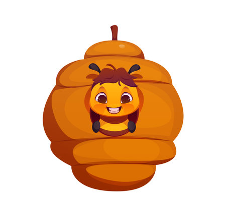Cartoon honey bee character peeking out of a round wild honeycomb hive, smiling joyfully. Vector cheerful honeybee personage. Funny insect with expressive face conveys happiness and summertime vibesのイラスト素材