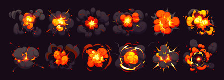 Cartoon bomb explosion blast effect, comic fire and smoke boom clouds game sprite sheet, fx sequence frame. Vector explode burst animation storyboard frame. User interface, GUI explosive weapon bangのイラスト素材