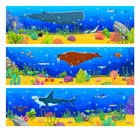 Game ocean underwater background with giant sea animals and algae seaweeds, cartoon vector. Coral reef rocks and sand with fish shoal, hammerhead shark, walrus and whale for underwater game backgroundのイラスト素材